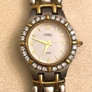 Vintage DMQ Gold Tone Silver Tone and Clear Rhinestone Ladies Watch
